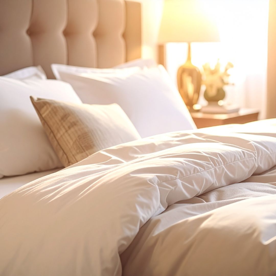 Crisp white duvet sets layered on a premium bed
